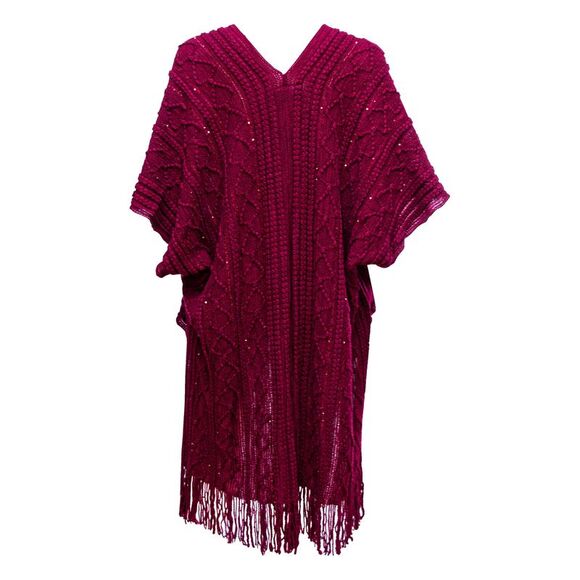 The Skyline Collection Red Knit Poncho Cardigan with Sequins, One Size - Picture 3 of 5